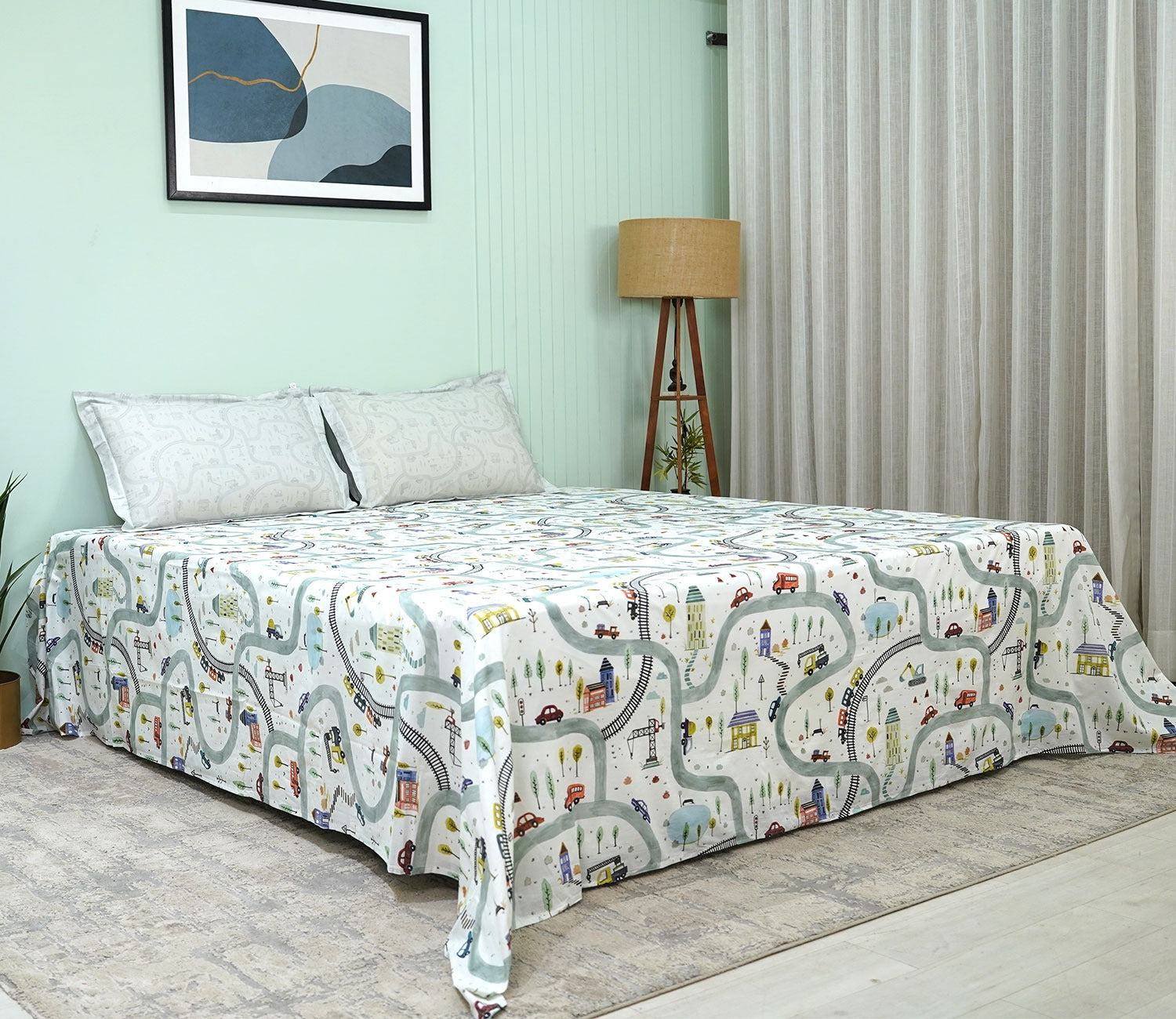 Train And Town Flat Cotton Kids Bed Sheet King Size with 2 Pillow Covers