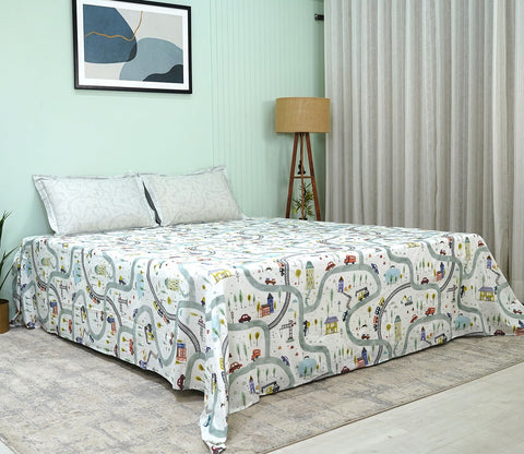 Train And Town Flat Cotton Kids Bed Sheet King Size with 2 Pillow Covers