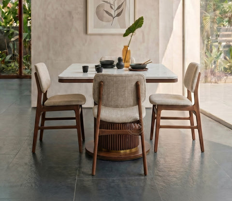 Samanvi 4 Seater Sheesham Wood Dining Table Set with Saumik Marble Top Table and Vinara Chair (Cottage Ivory)