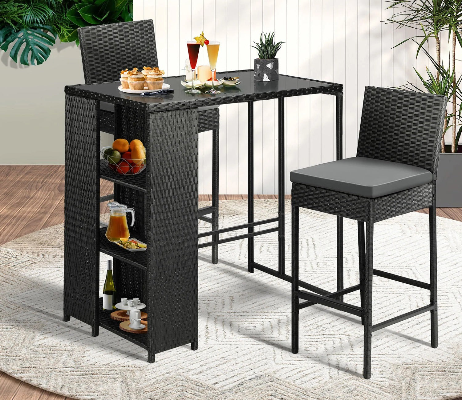 Black Rattan And Wicker 2 Seater Bar Set With Table And Grey Cushions