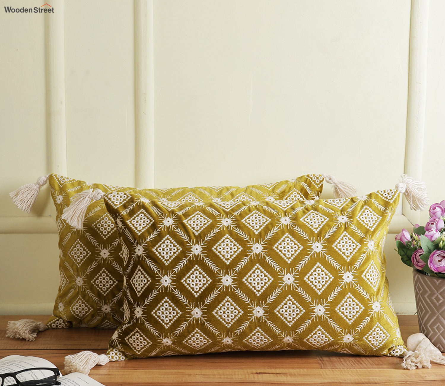 Super Soft Ethnic Design Set of 2 Embroidered Cushion Cover (Henna Green, 20 x 12 inches)