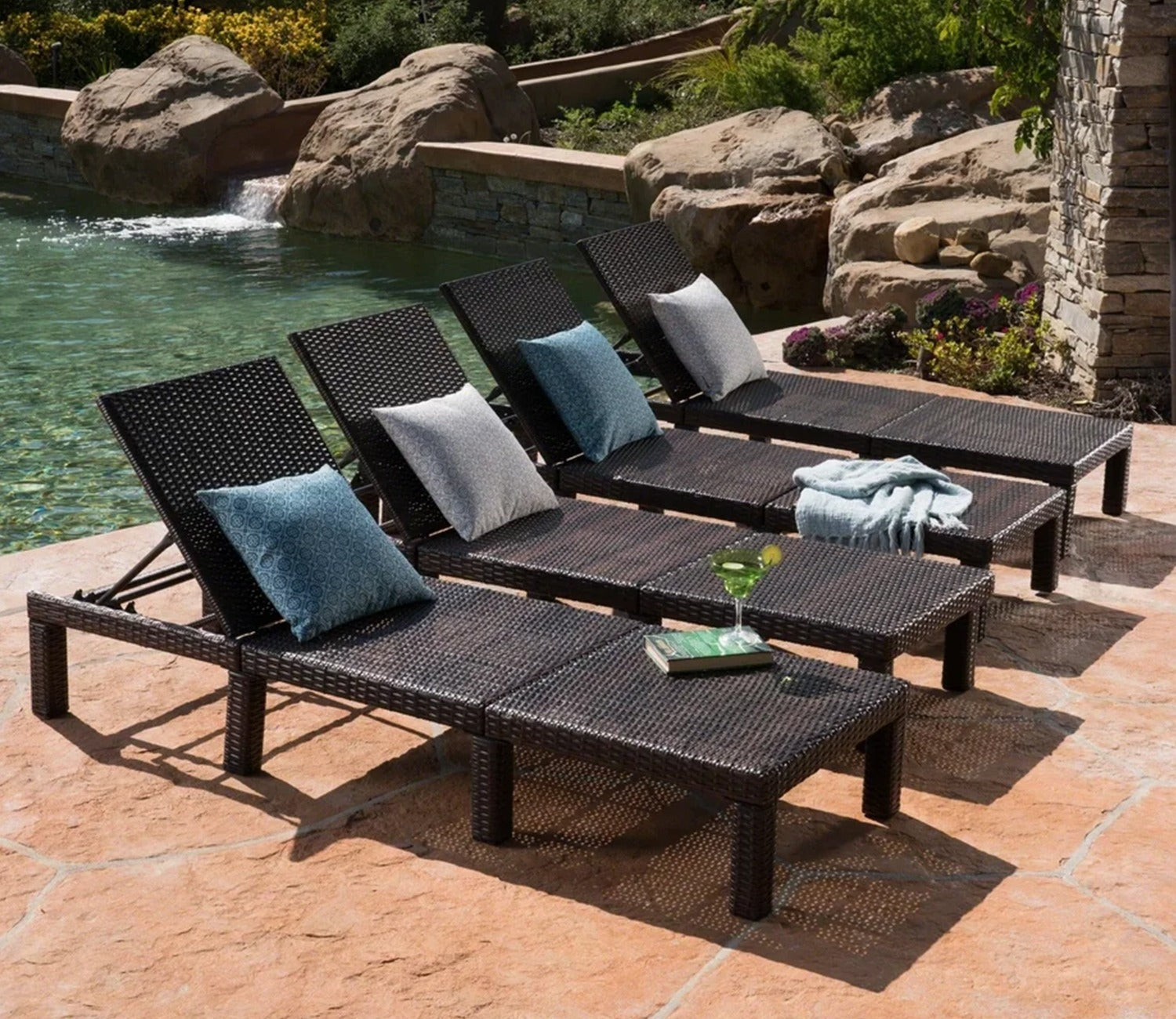Dark Brown Adjustable Outdoor Lounger With Orange Cushions (Set Of 4)