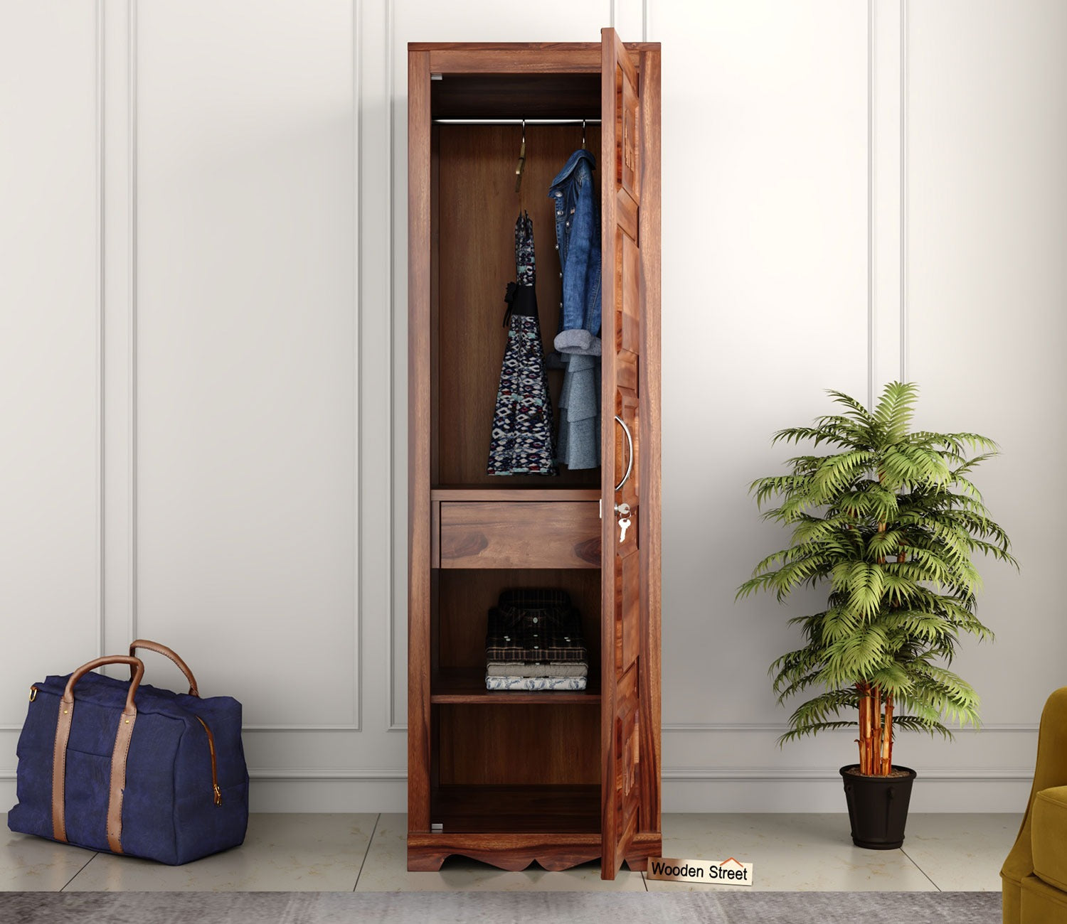 Emboss 1 Door Multi Utility Wardrobe (Honey Finish)