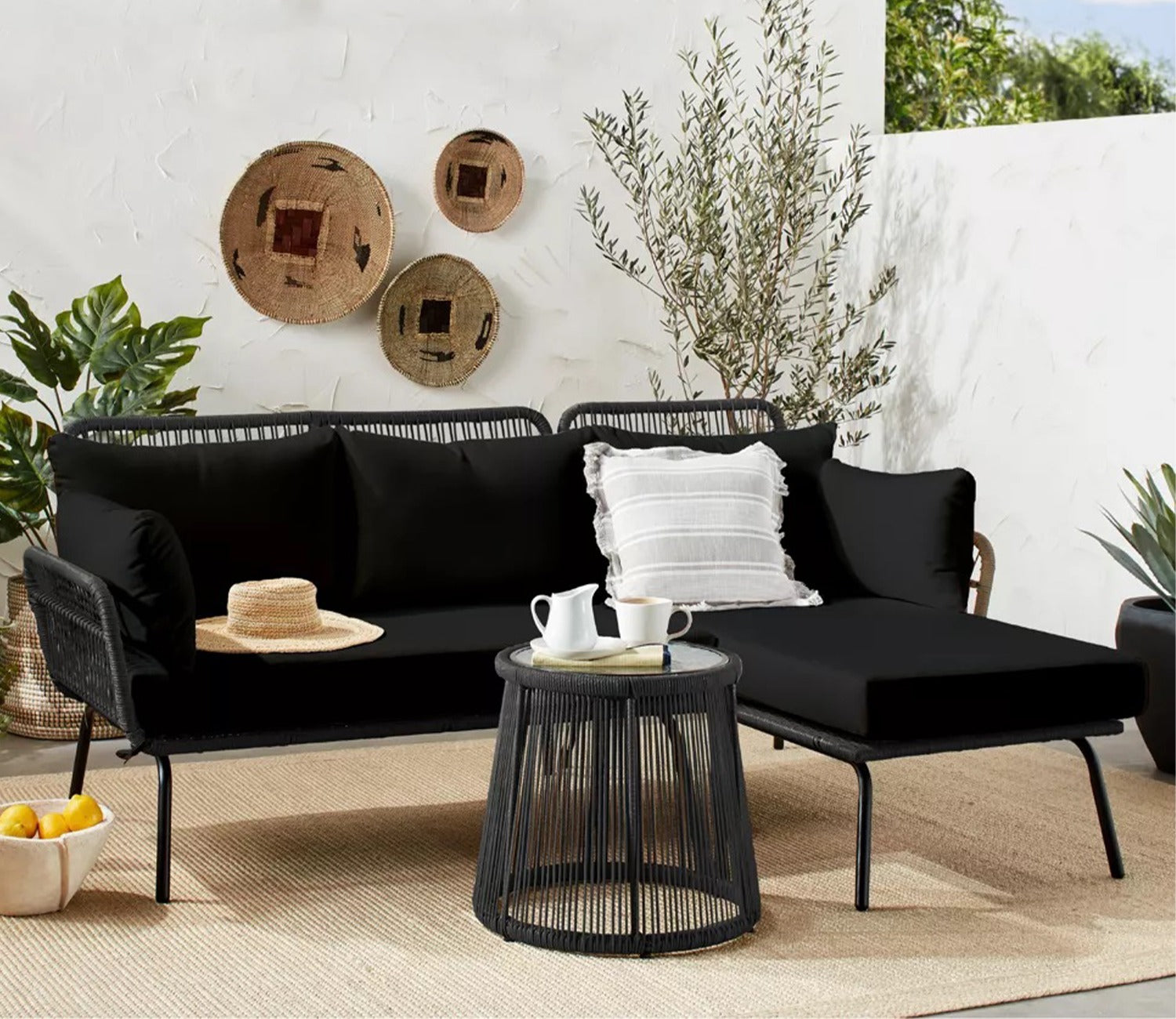 Black Detachable L Shaped Rope Outdoor Sofa with Table and Black Cushion Set