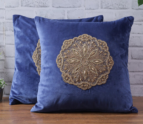 Beaded Velvet Cushion Covers - Set of 2 (Blue, 18 x 18 inch)