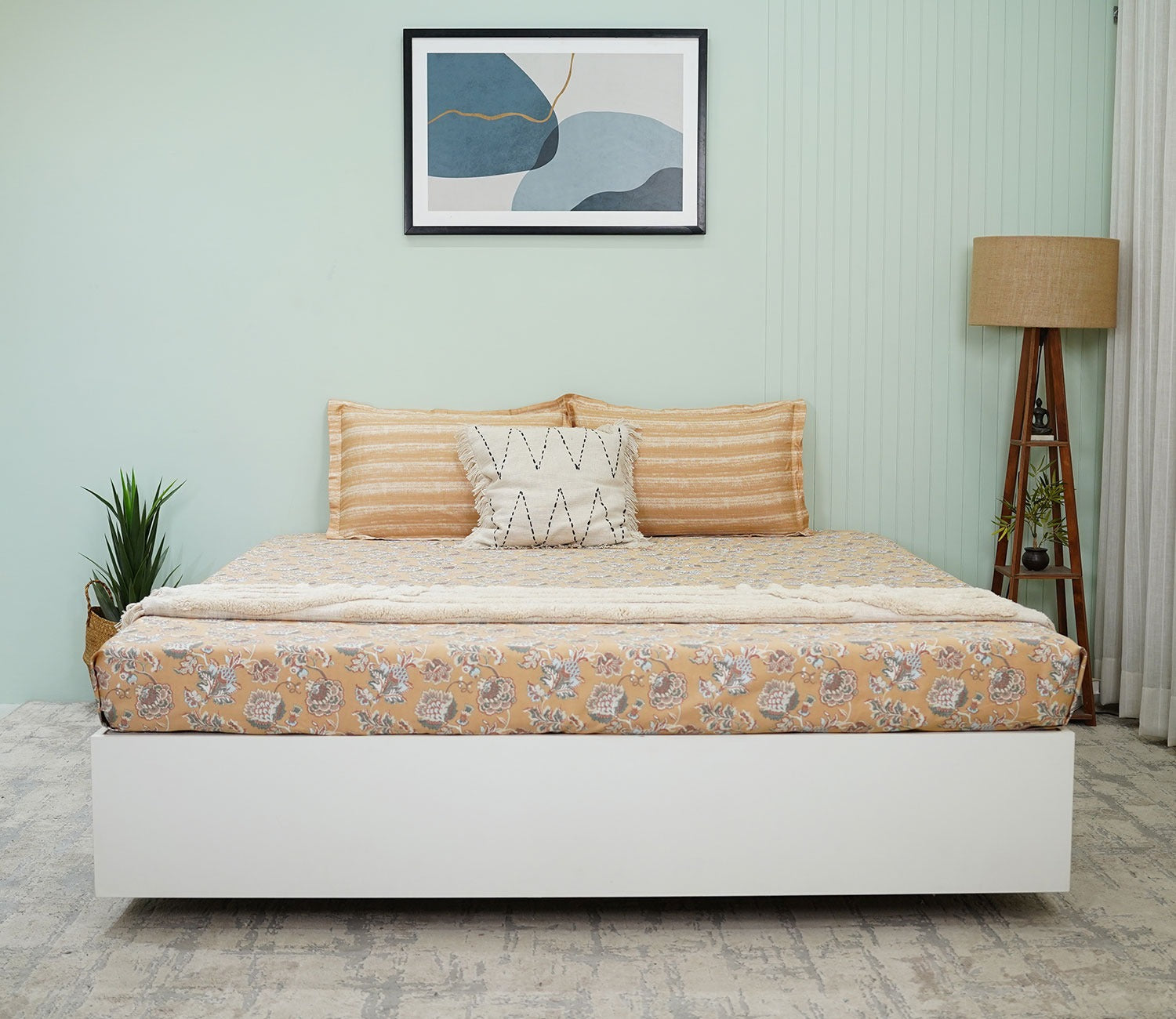 Mehrab Classic Printed King Size Bedsheet (Mustard)