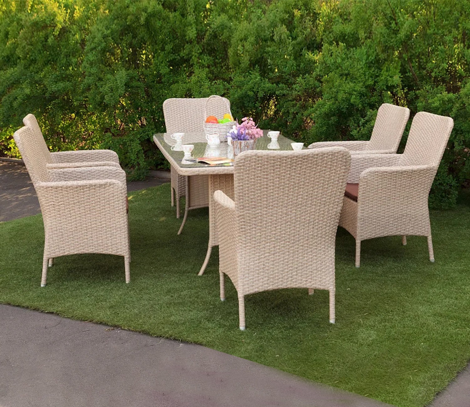 Beige Rattan And Wicker Dinning Set With Dark Brown Cushions