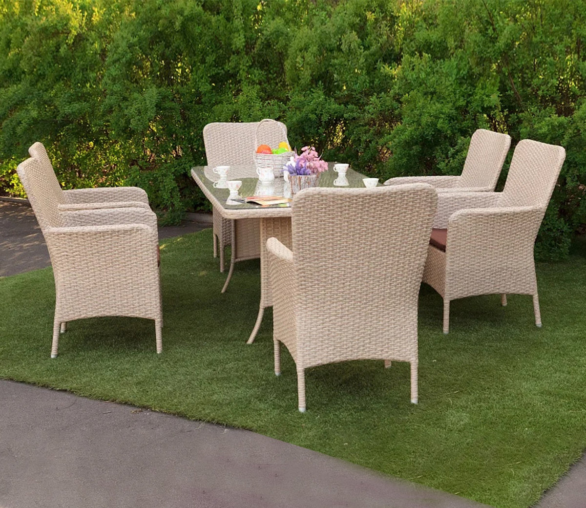 Beige Rattan And Wicker Dinning Set With Dark Brown Cushions