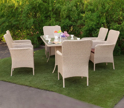 Beige Rattan And Wicker Dinning Set With Dark Brown Cushions