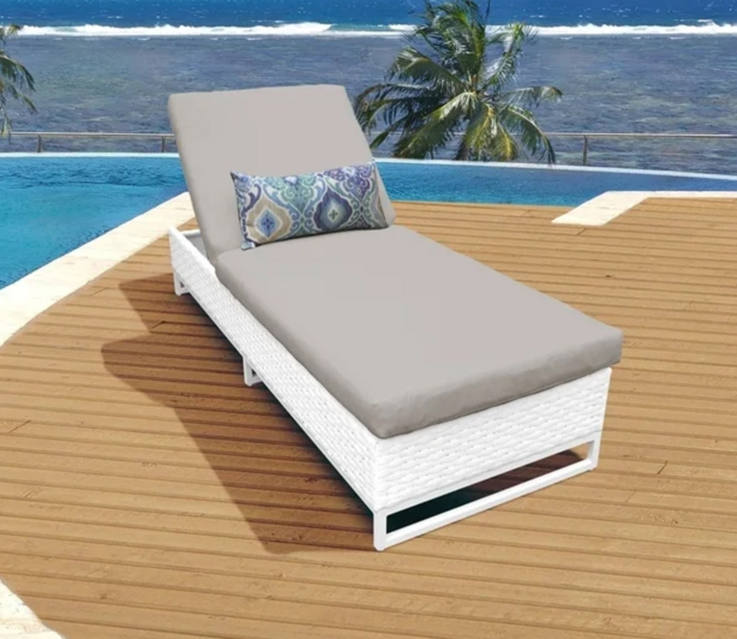White Adjustable Outdoor Patio Lounger With Grey Cushions