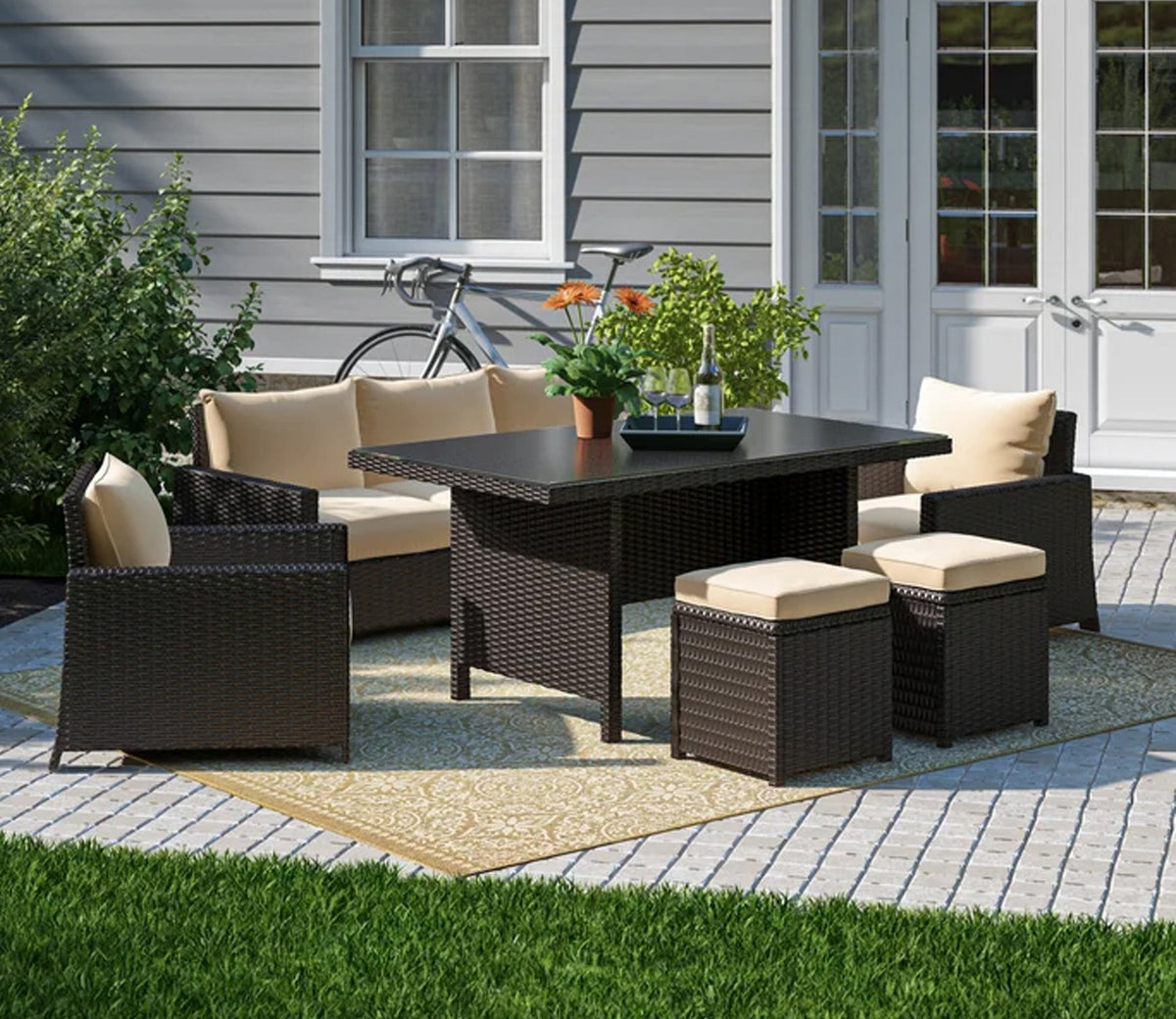 Dark Brown Rattan And Wicker 7 Seater Set With Table And Cream Cushions