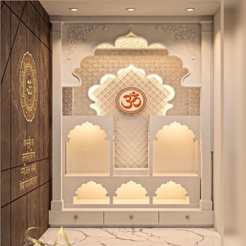 Trueliving Mandir | Wood Designer 2.5 Temple for Home & Offices |Solid Surface - Size - H: 48" x W: 44"— D: 21.5"