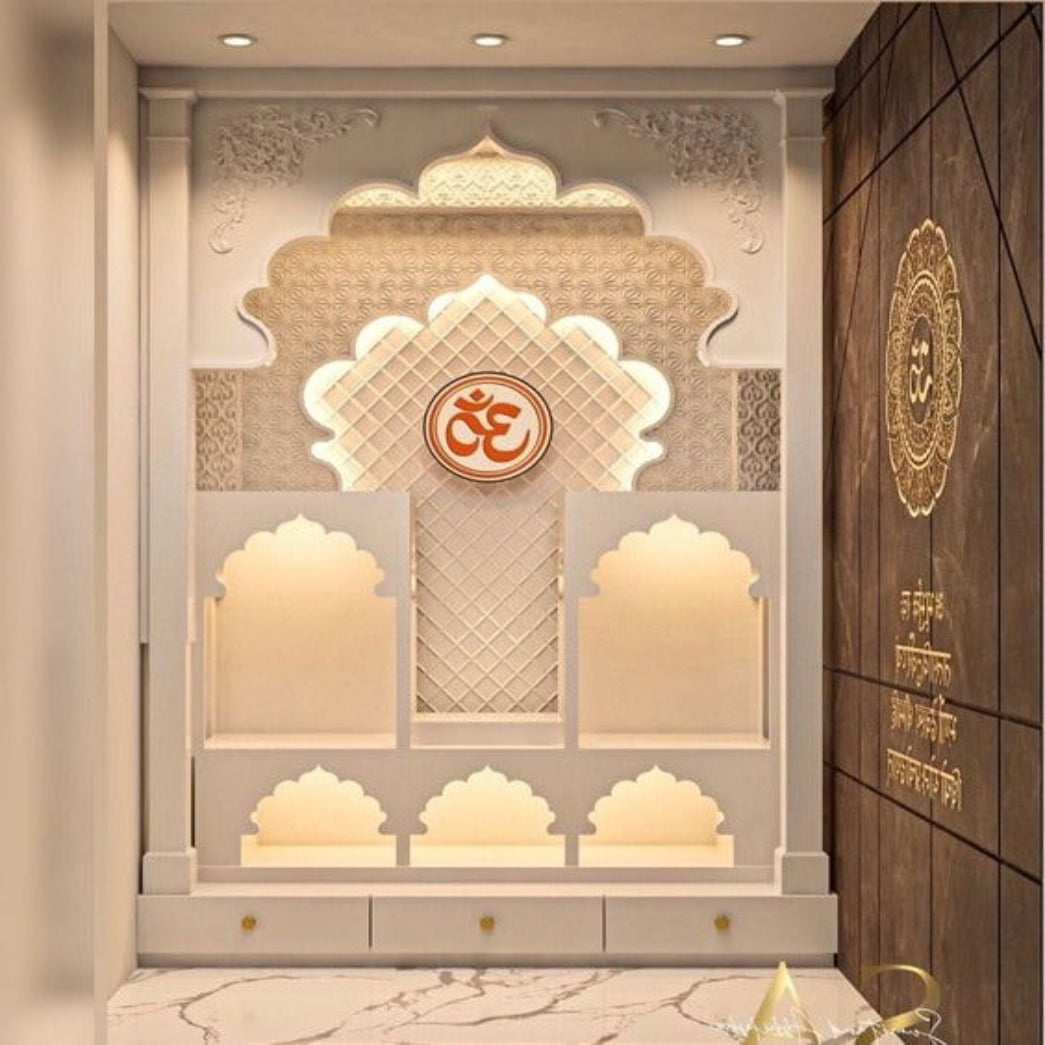 Trueliving Mandir | Wood Designer 2.5 Temple for Home & Offices |Solid Surface - Size - H: 48" x W: 44"— D: 21.5"