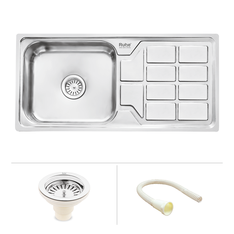 Trueliving Facy Silver_Oval Single Bowl (45 x 20 x 9 inches) 304-Grade Stainless Steel Kitchen Sink with Drainboard