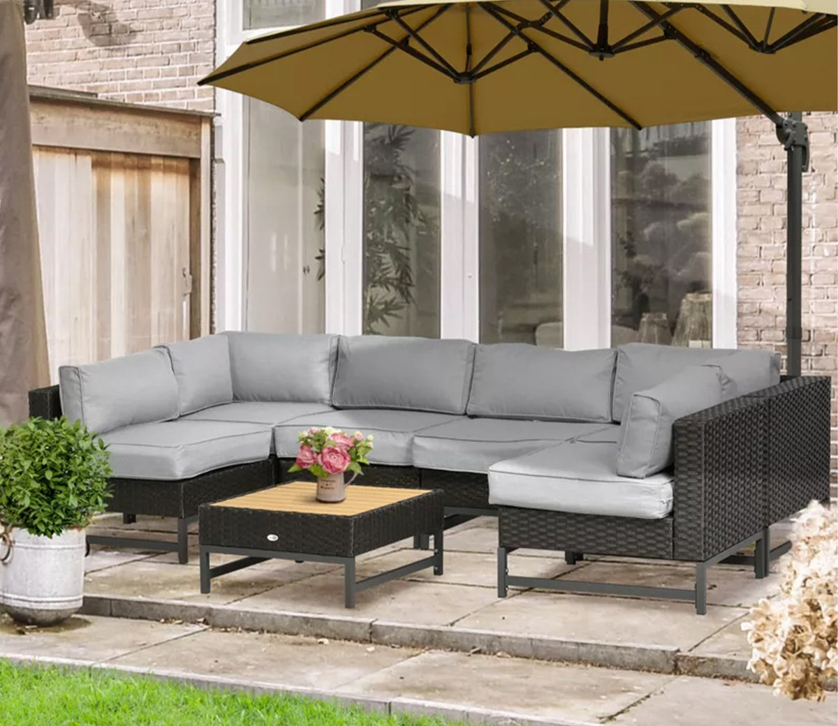 Black Rattan And Wicker 6 Seater Sofa Set With Table And Grey Cushions