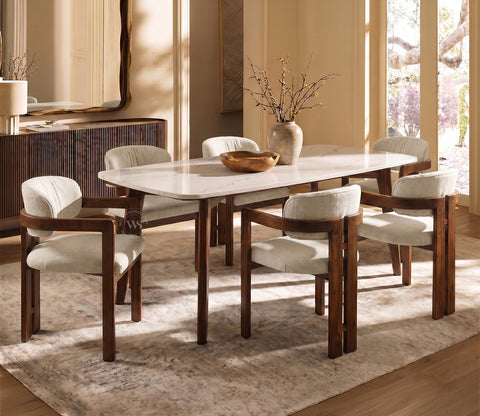 Viraaj 6 Seater Dining Set with Valence Quartz-Top Table and Kaaya Upholstered Chair (Cottage Ivory)