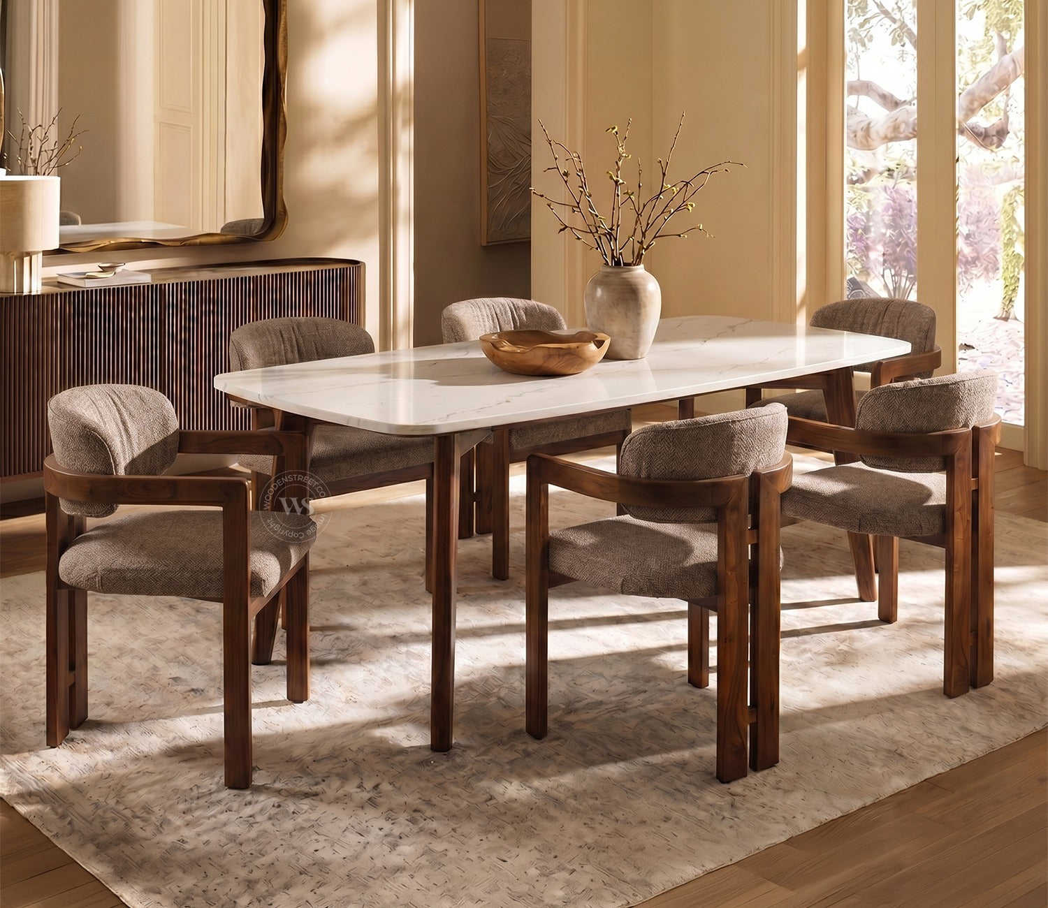 Viraaj 6 Seater Dining Set with Valence Quartz-Top Table and Kaaya Upholstered Chair (Sand Brown)
