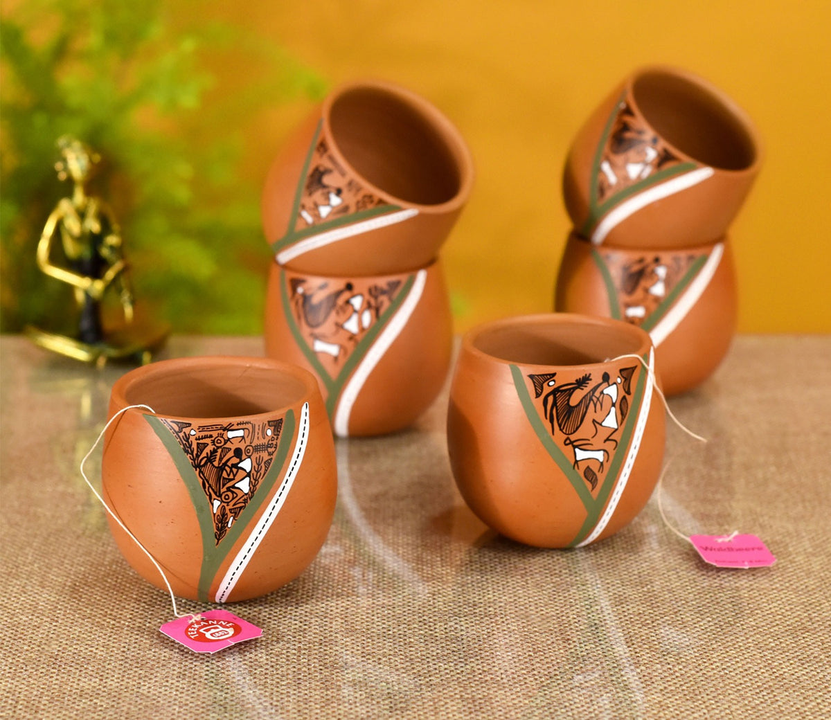 Knosh-K Painted Earthen Kullads with Tribal Motifs (Set of 6)