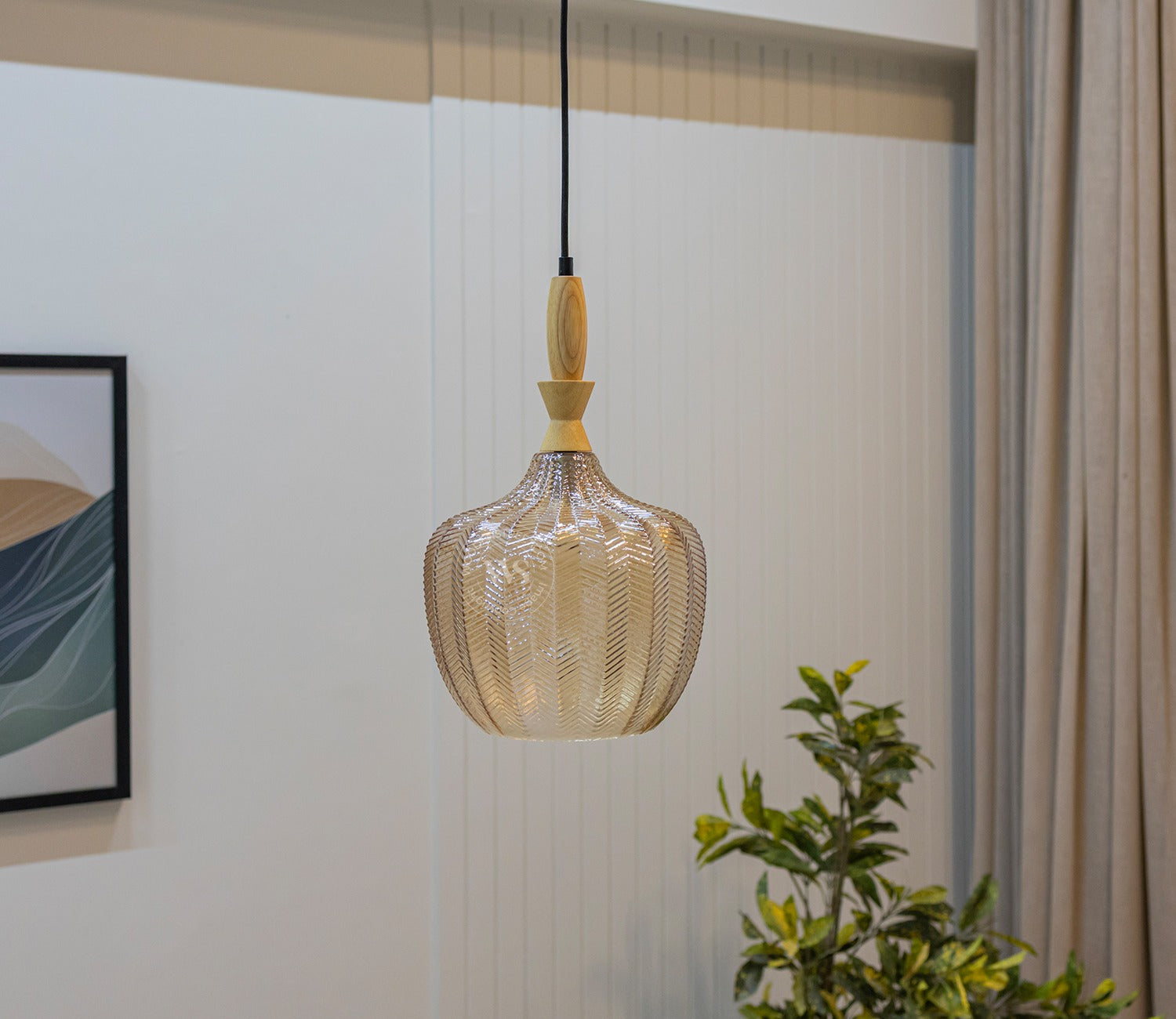 Ellyse Textured Glass Pendant Light with Wooden Top Accent (Bronze)