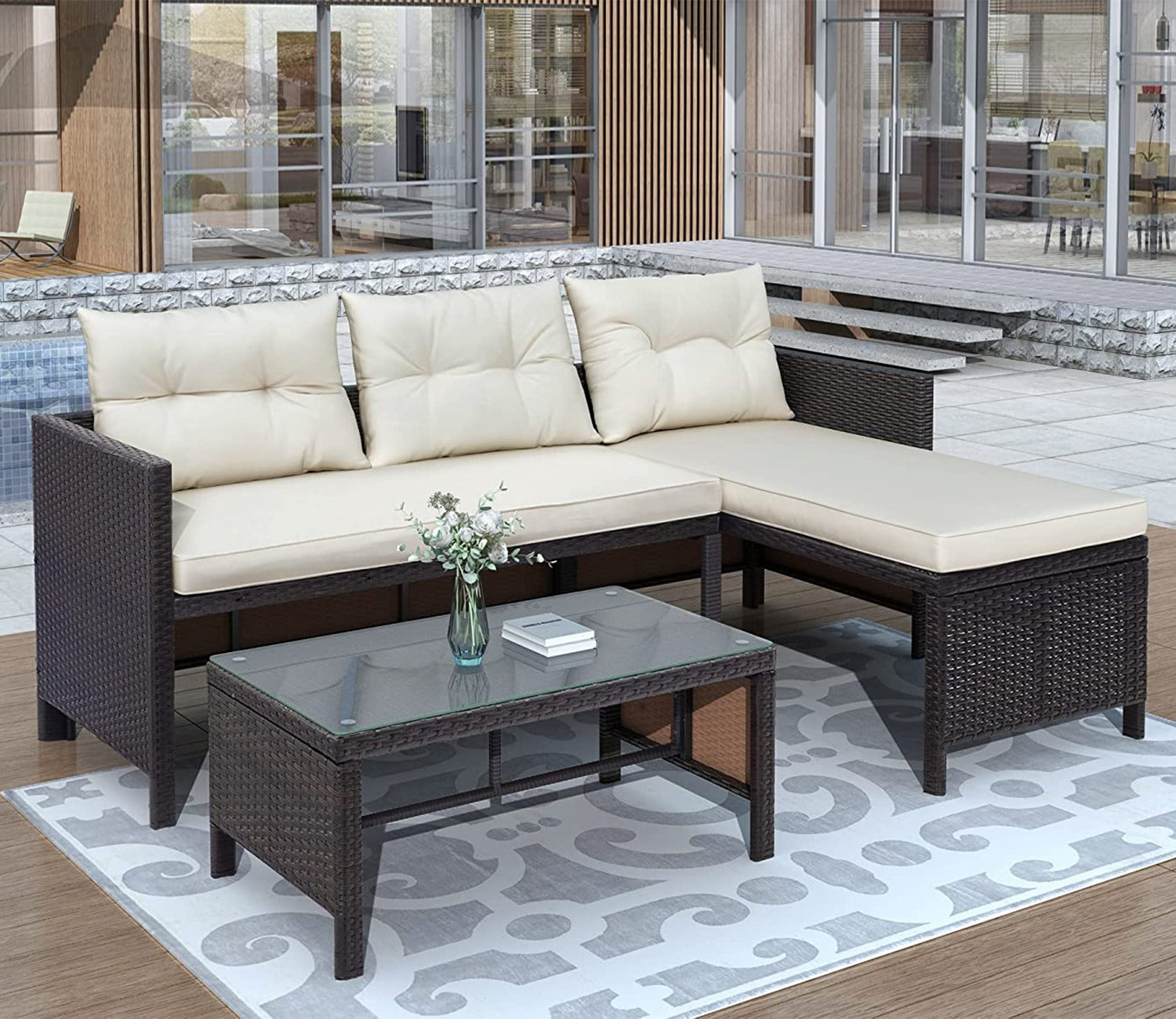 Black Rattan And Wicker Outdoor Furniture Set With Cream Cushions And Table