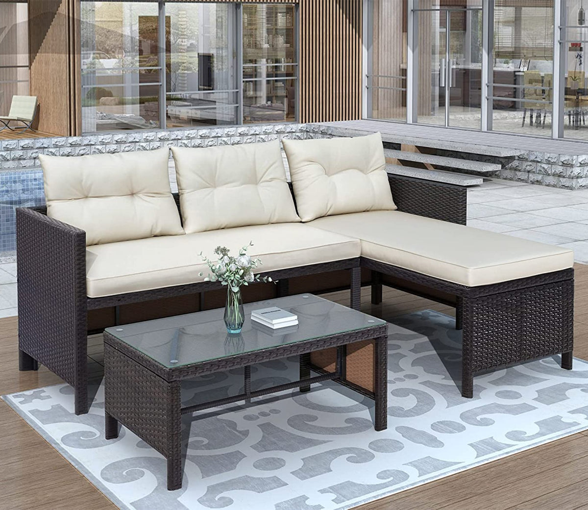 Black Rattan And Wicker Outdoor Furniture Set With Cream Cushions And Table