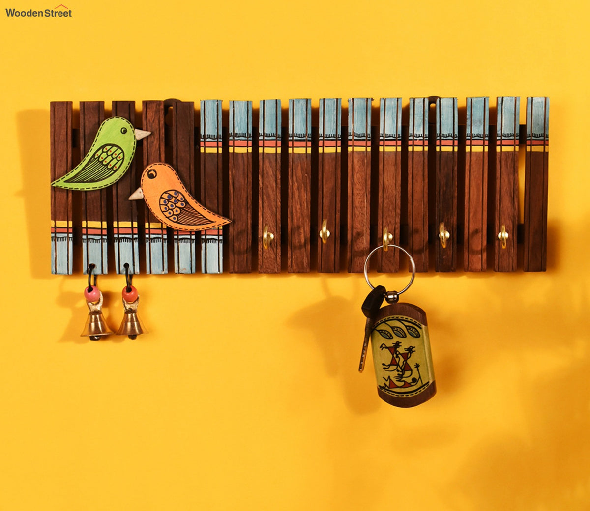 Handcrafted Tribal Art Wooden Stripes And Birds Key Holder - 4 Keys