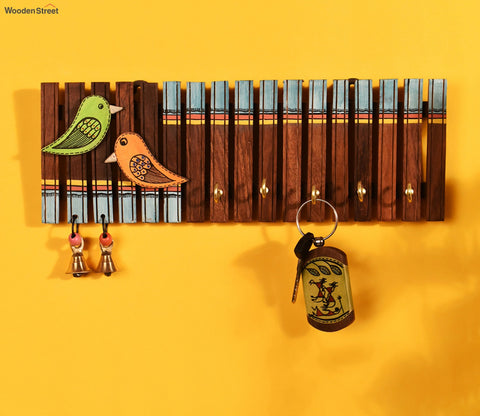 Handcrafted Tribal Art Wooden Stripes And Birds Key Holder - 4 Keys