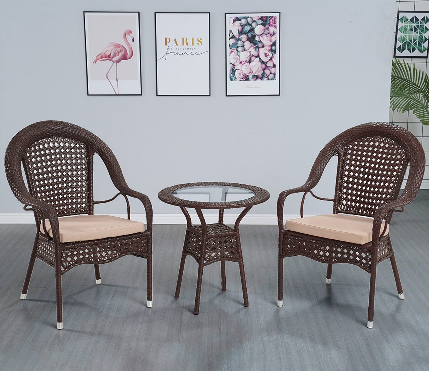 Rattan And Wicker 2 Seater Set With Table Set (Brown)