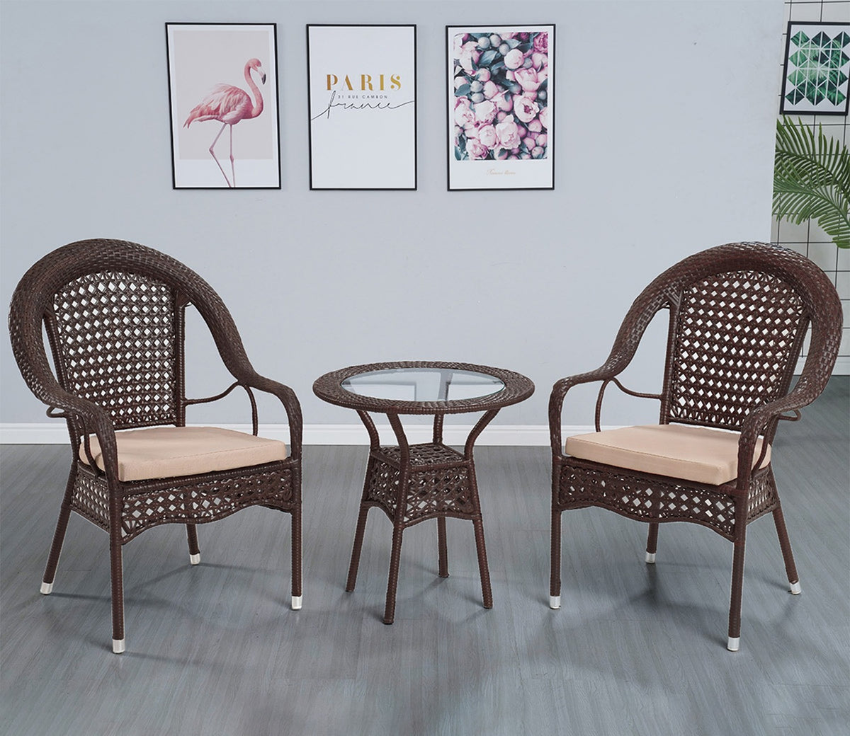 Rattan And Wicker 2 Seater Set With Table Set (Brown)
