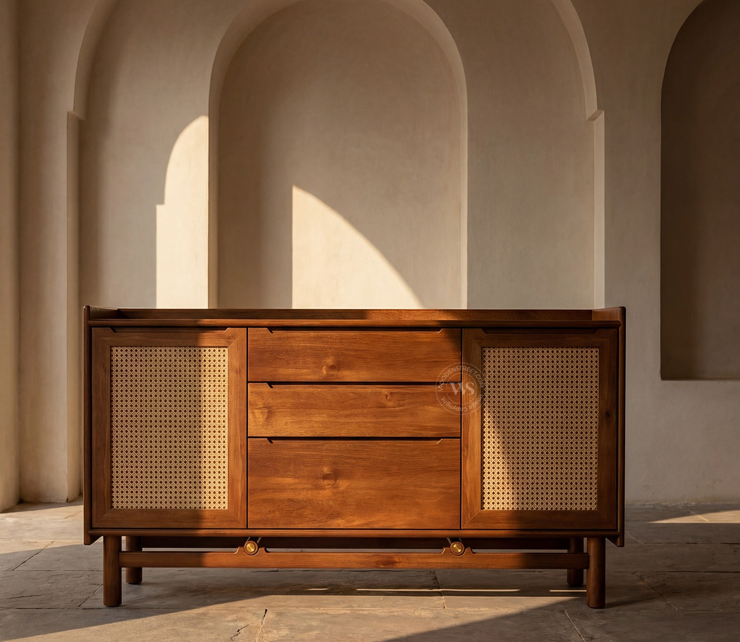 Ishana Mango Wood Designer Cabinet with Cane Detailing (Teak Finish)