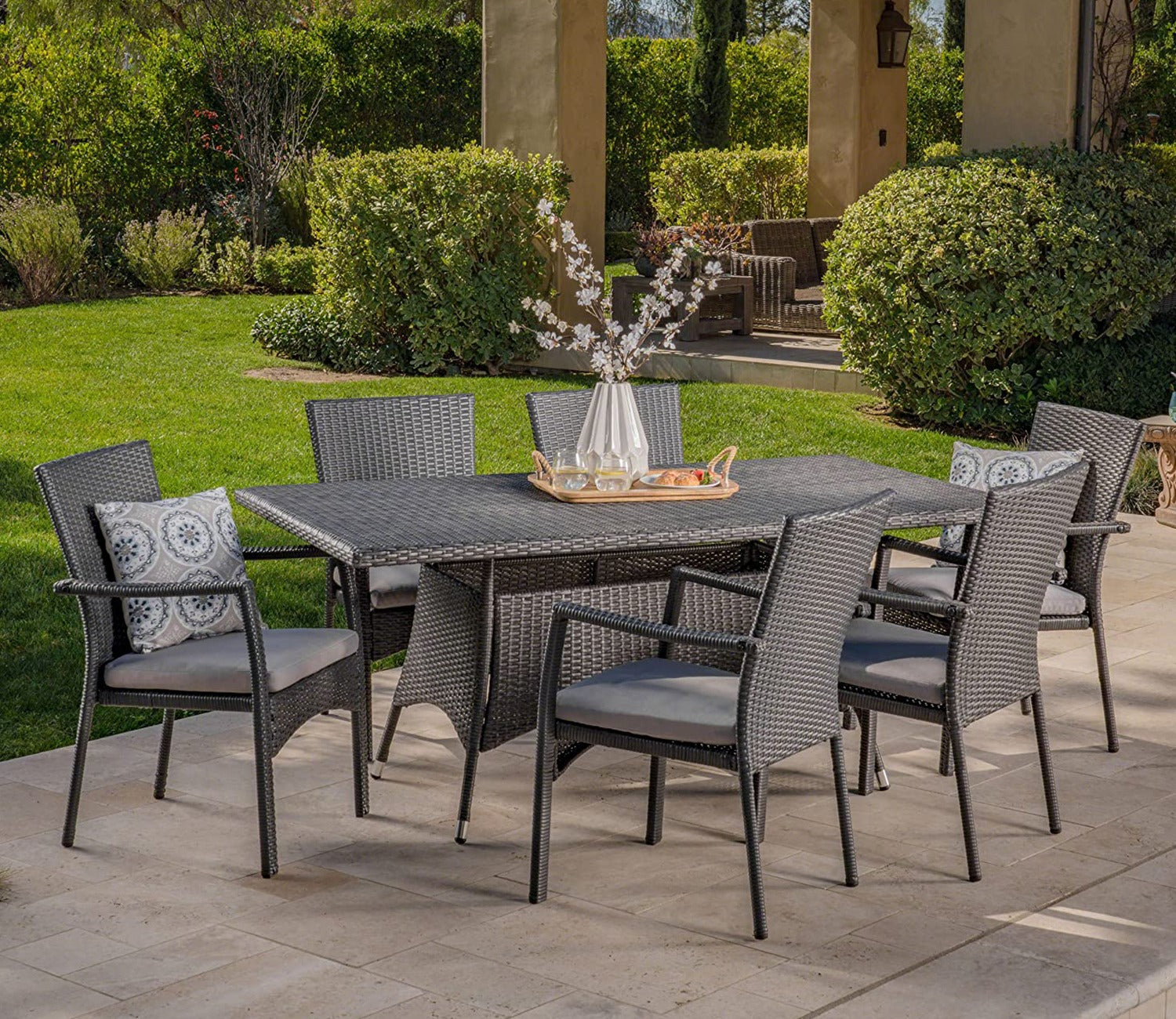 Black Rattan And Wicker Dinning Set With Grey Cushions