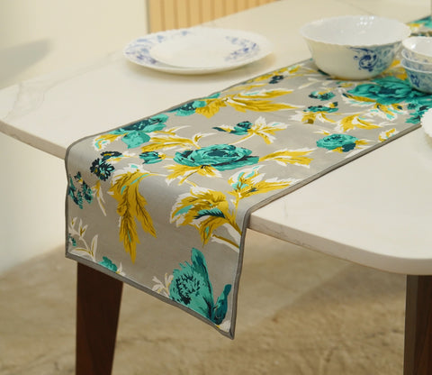 Aqua Bouquet Printed Cotton Table Runner (Grey, 13 x 72 Inches)
