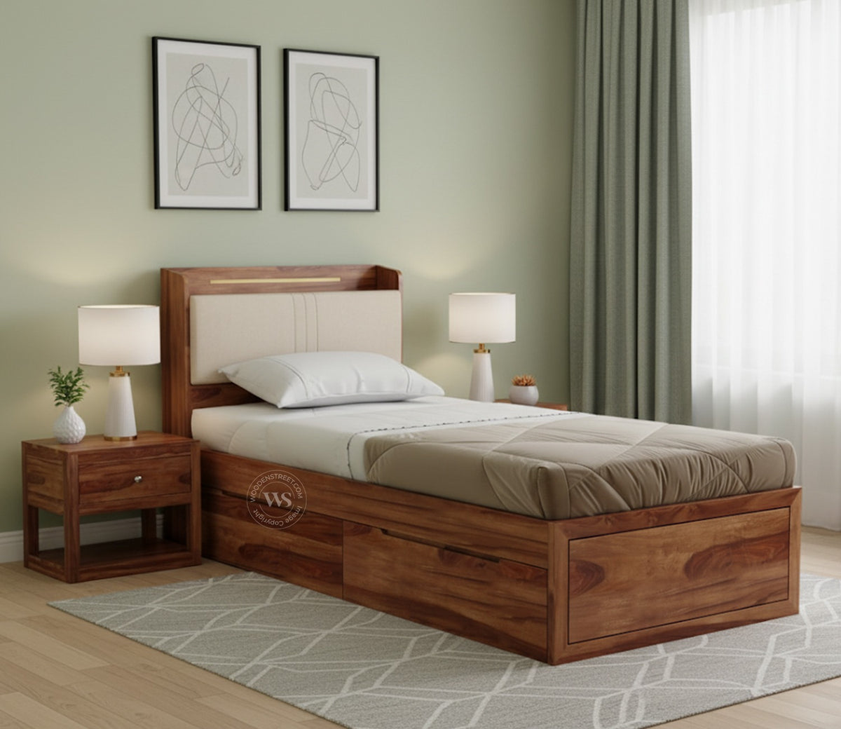 Wildon Premium Sheesham Wood Bed with Cushioned Headboard and Drawer Storage (Single Size, Teak Finish)
