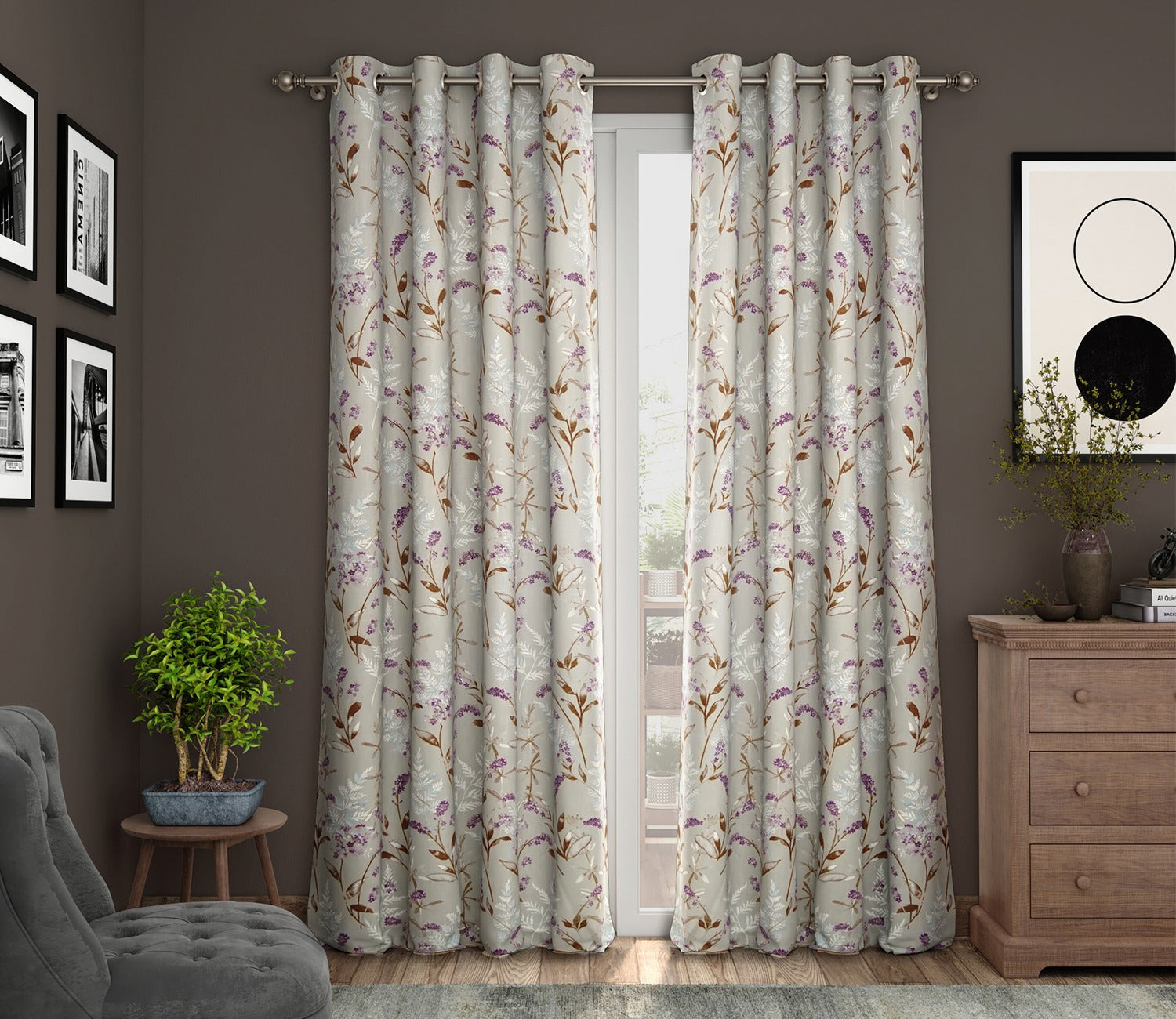 Fossil Daisy Uplands Floral Print Light-Filtering Door Curtains Set of 2 (Beige, 7 Feet)