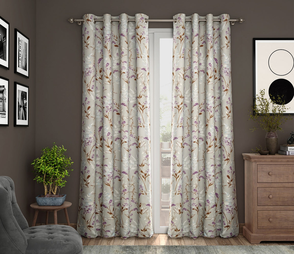 Fossil Daisy Uplands Floral Print Light-Filtering Door Curtains Set of 2 (Beige, 7 Feet)