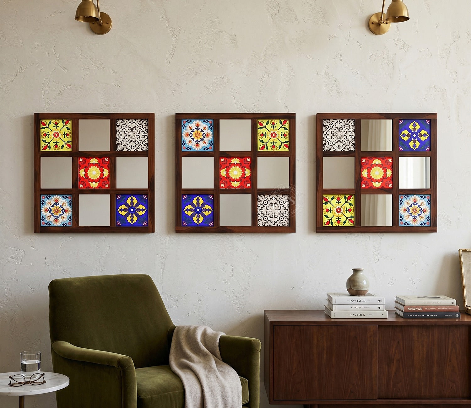 Bohemian Set of 3 Mirror with Frame (Walnut Finish)