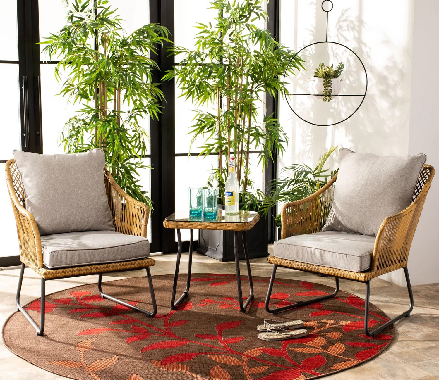 Beige Rattan And Wicker 2 Seater Chair With Table And Grey Cushions Balcony Set