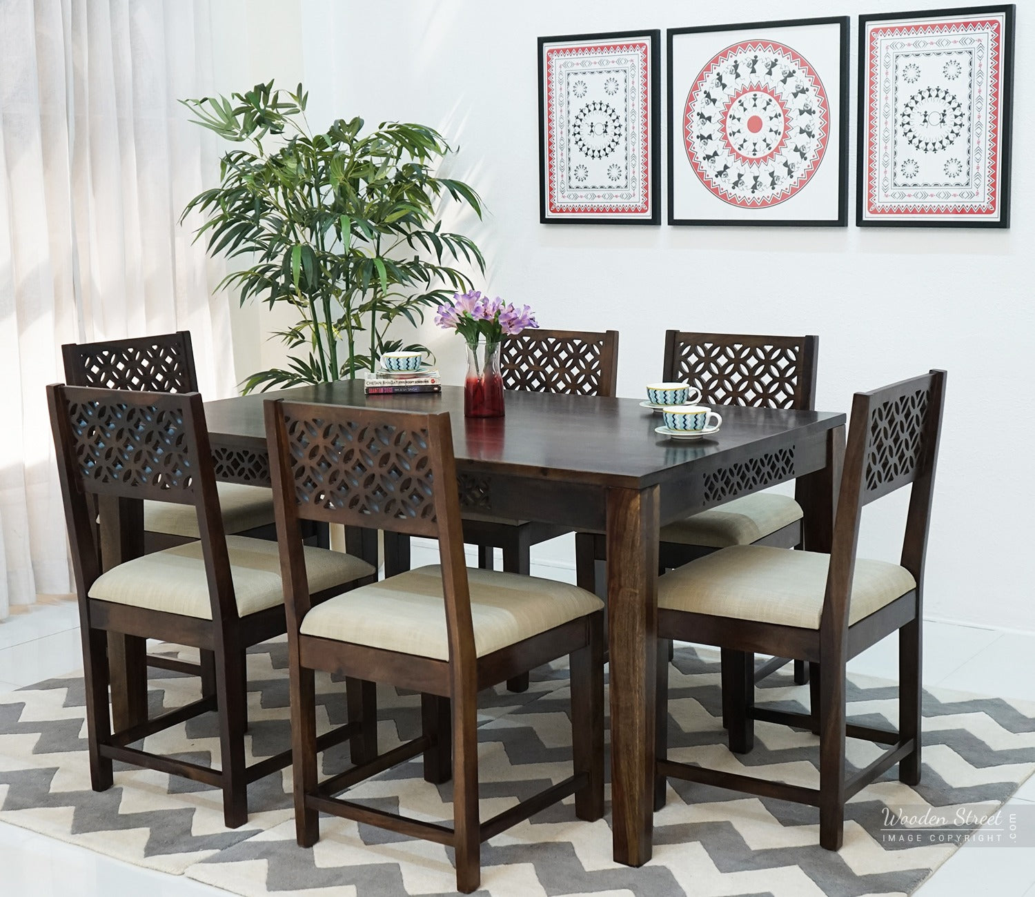 Cambrey 6 Seater Dining Set with Cushioned Chair (Walnut Finish)