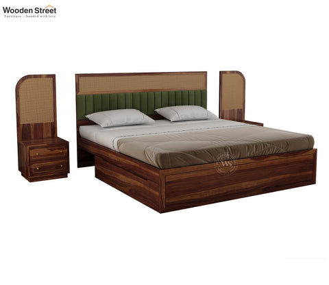 Serah Premium Sheesham Wood Bed with Cane & Velvet Headboard, Drawer Storage & 2 Modular Bedside Tables (Queen Size, Teak Finish)