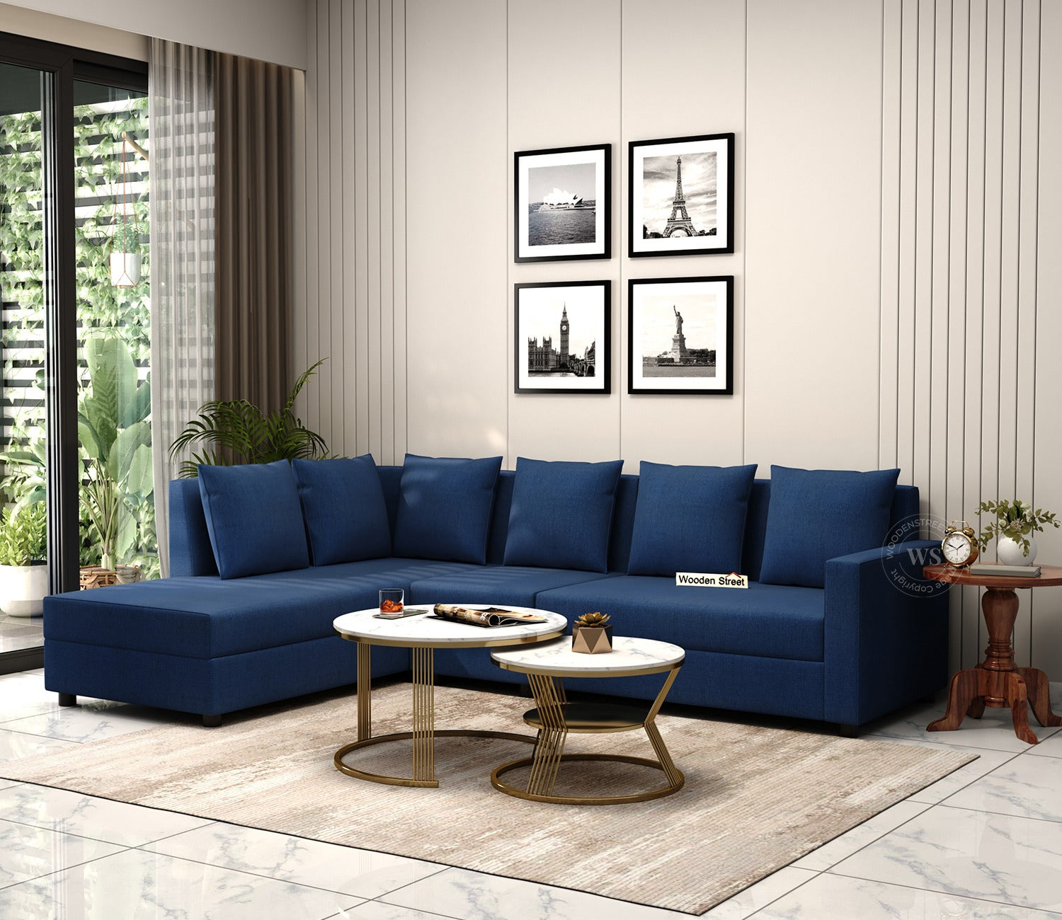 Sible L-Shape 6 Seater Left Aligned Fabric Sofa (Cotton, Azure Blue)