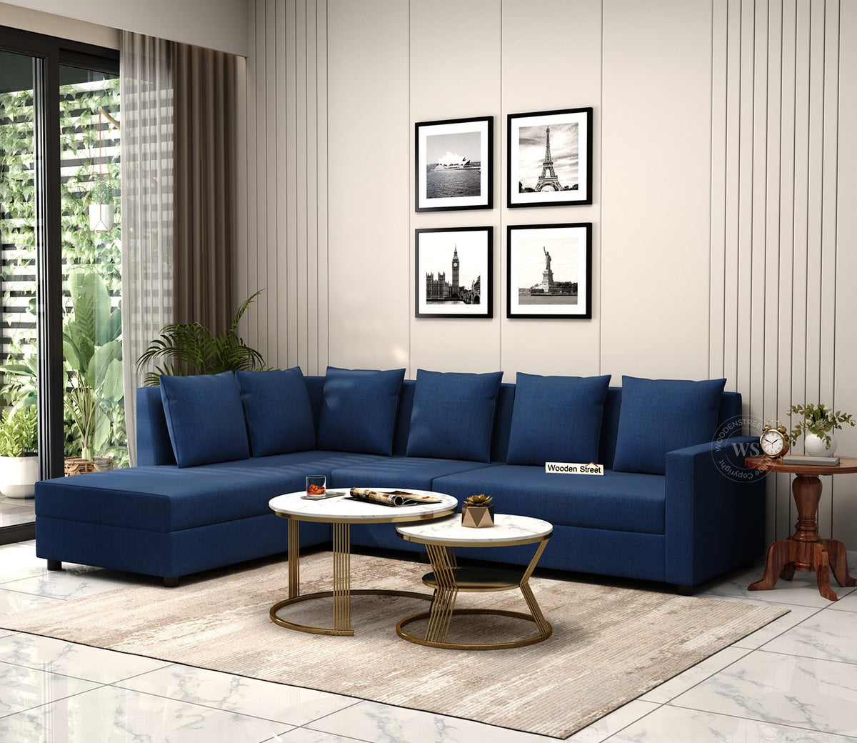 Sible L-Shape 6 Seater Left Aligned Fabric Sofa (Cotton, Azure Blue)