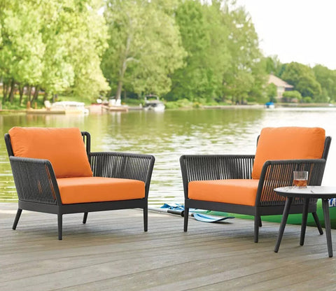 Grey Rope 2 Seater Chair With Table And Orange Cushions Balcony Set