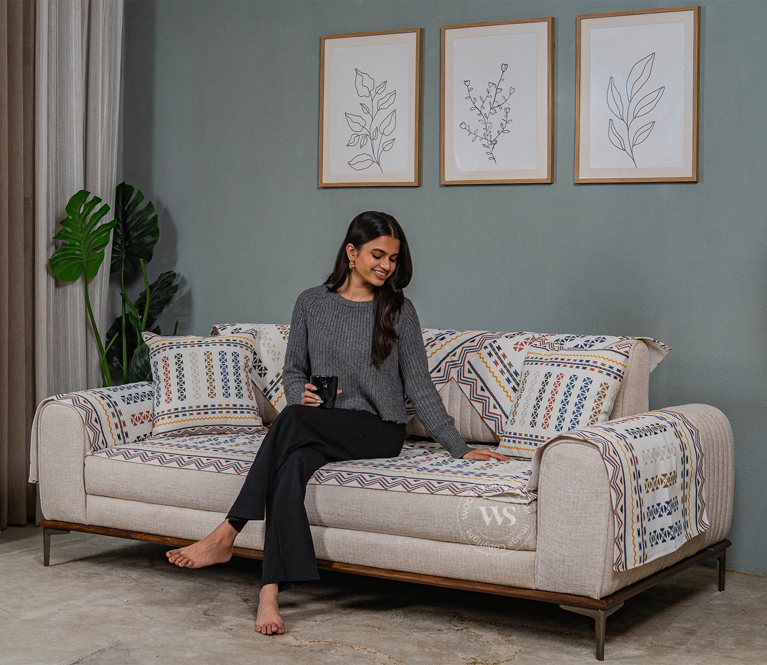 Blooming Beauty Abstract Printed Multi Color 3 Seater Sofa Cover - Set of 8