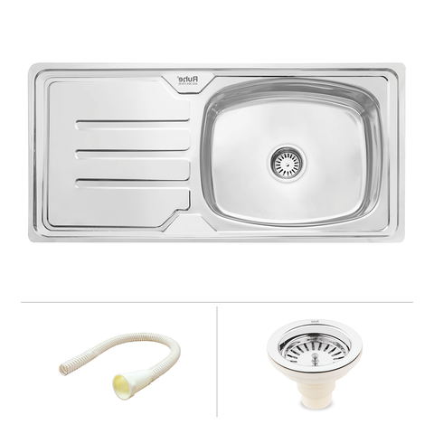 Trueliving Modern Silver_Square Single Bowl (45 x 20 x 9 Inches) 304-Grade Stainless Steel Kitchen Sink with Drainboard