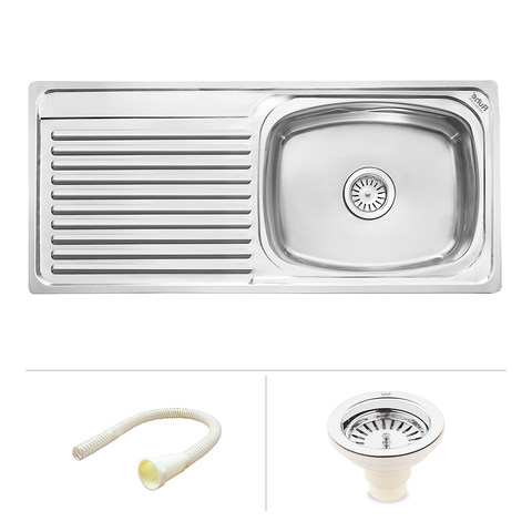 Trueliving Facy Silver_Square Single Bowl (32 x 20 x 8 inches) Premium Stainless Steel Kitchen Sink with Drainboard