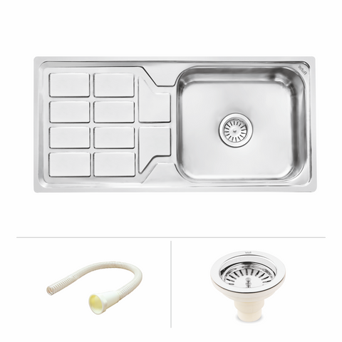 Trueliving Modern Silver_Square Single Bowl (45 x 20 x 9 Inches) Premium Stainless Steel Kitchen Sink with Drainboard