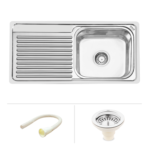 Trueliving Luxury Silver_Square Single Bowl (42 x 20 x 9 Inches) 304-Grade Stainless Steel Kitchen Sink with Drainboard