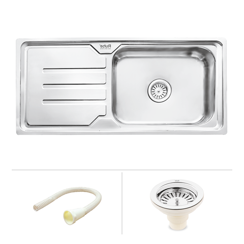Trueliving Modern Silver_Square Single Bowl (32 x 20 x 8 inches) 304-Grade Stainless Steel Kitchen Sink with Drainboard
