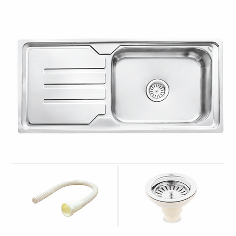 Trueliving Luxury Silver_Square Single Bowl (42 x 20 x 9 Inches) Premium Stainless Steel Kitchen Sink with Drainboard