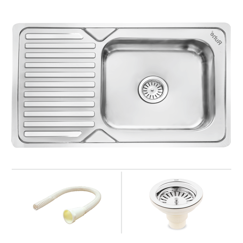 Trueliving Modern Silver_Square Single Bowl (32 x 18 x 8 Inches) Premium Stainless Steel Kitchen Sink with Drainboard